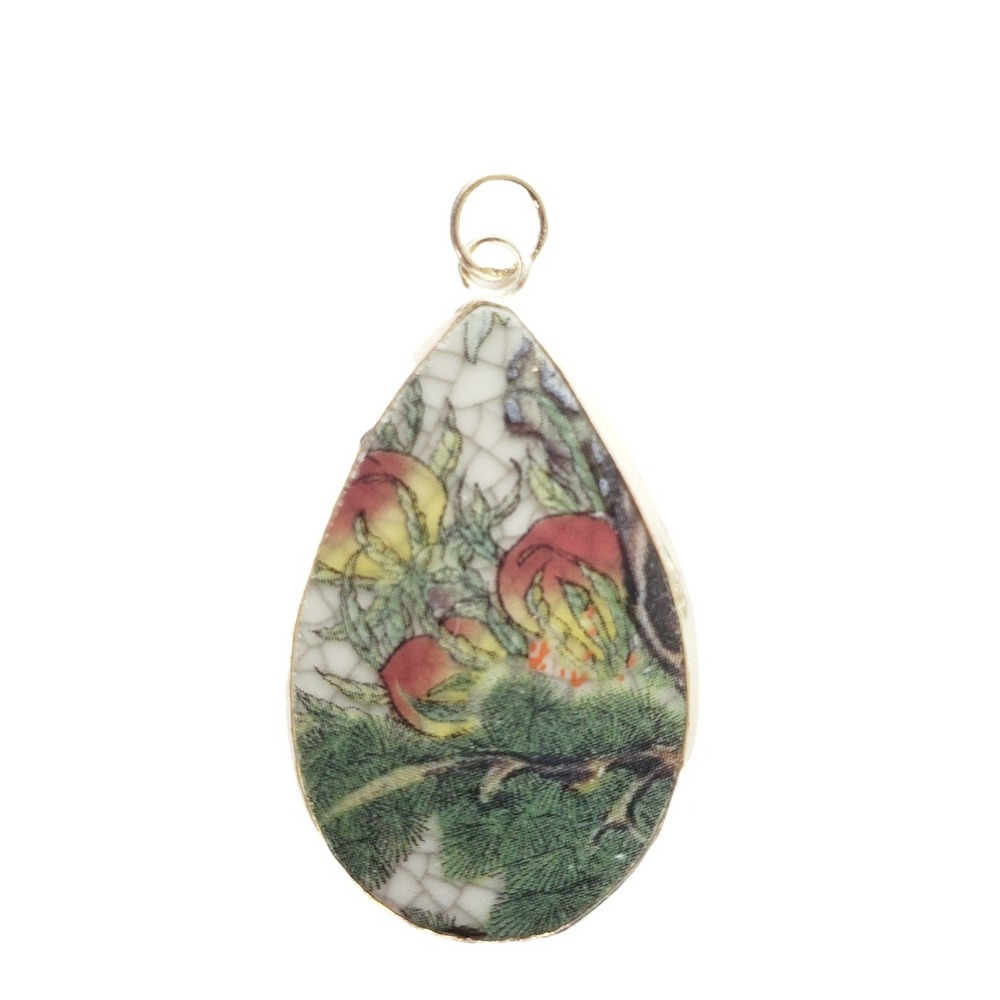 Vintage Transferware Pottery Shard Pendant Fruit Repurposed Broken China Jewelry